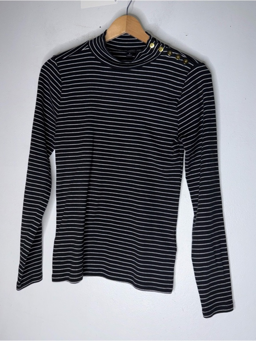 J Crew Black White Stripe Button Shoulder Mock Neck Long Sleeve Shirt‎ Small